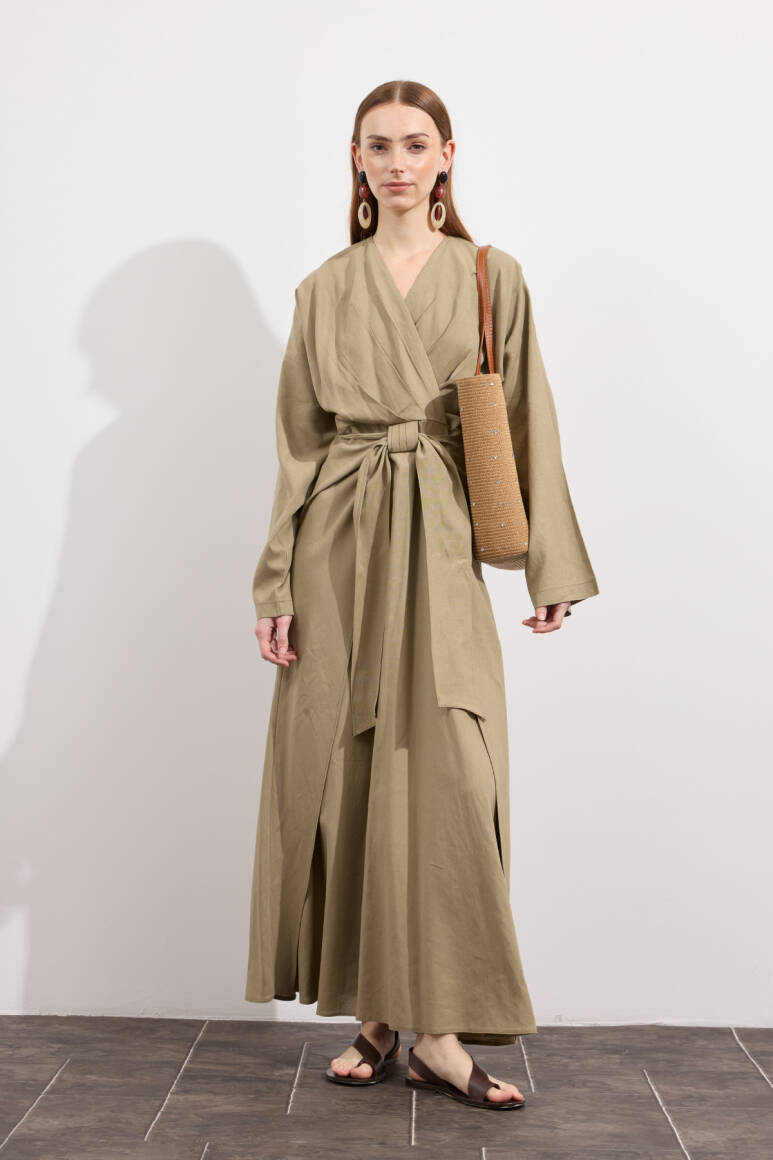 Mirella Kruvaze Bağlamalı Keten Elbise Haki Yeşili - EMNORA