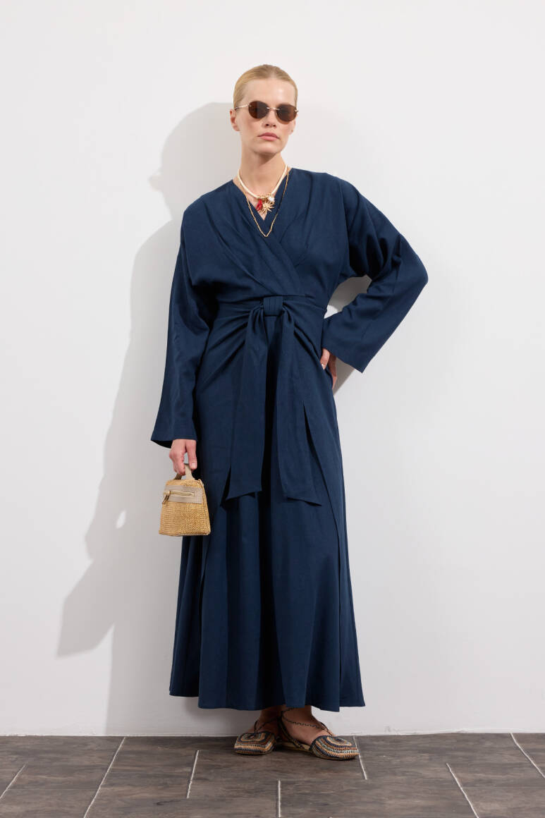 Mirella Kruvaze Bağlamalı Keten Elbise Lacivert - EMNORA