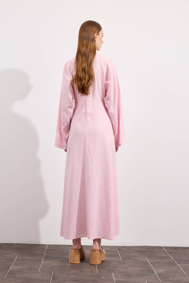 Mirella Kruvaze Bağlamalı Keten Elbise Pembe - 9
