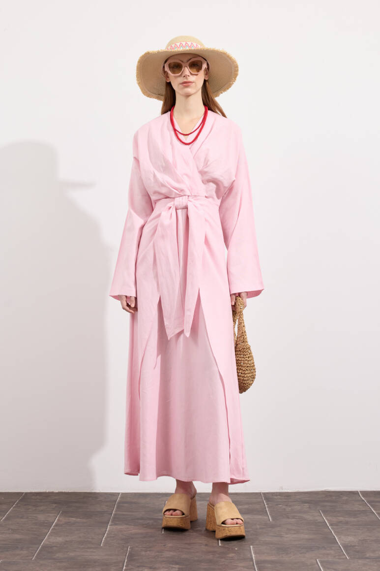Mirella Kruvaze Bağlamalı Keten Elbise Pembe - EMNORA