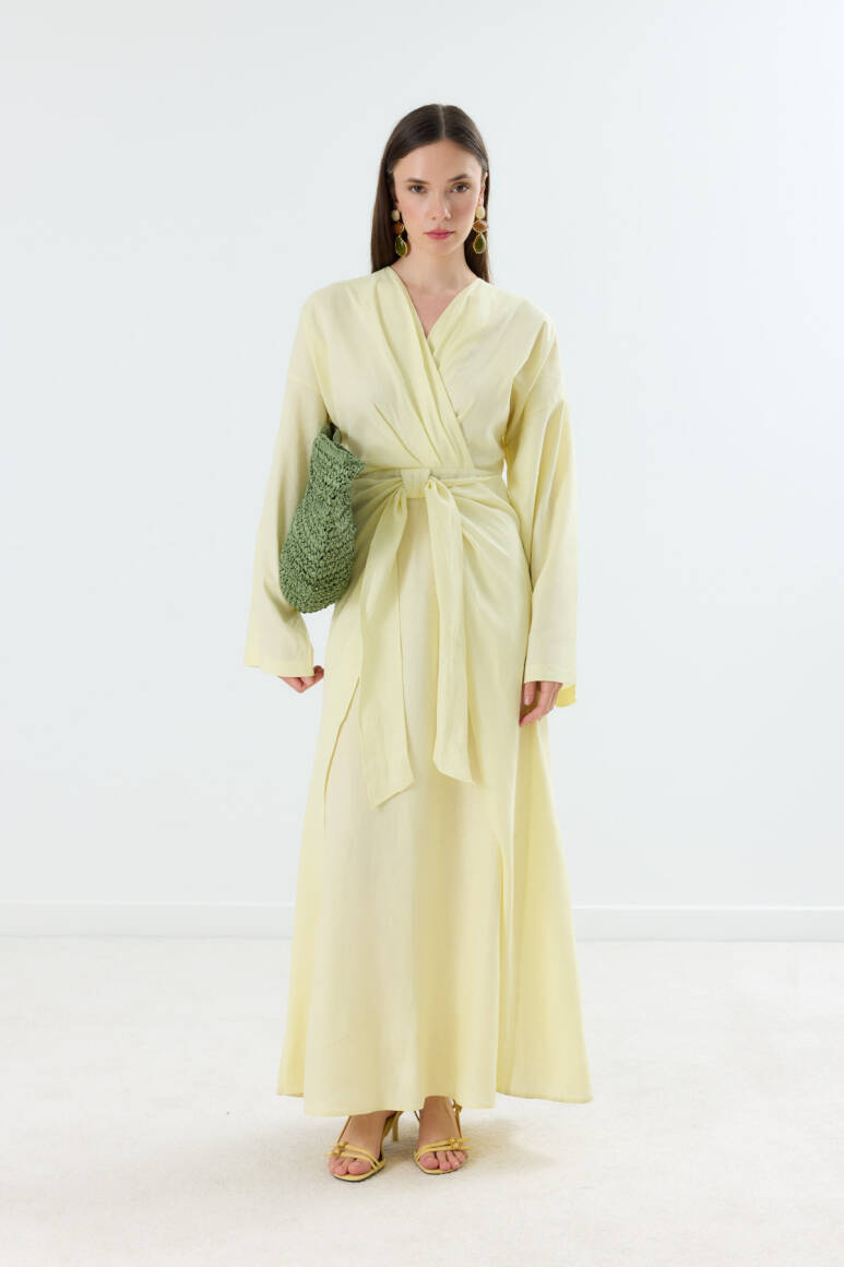 Mirella Kruvaze Bağlamalı Keten Elbise Sarı - EMNORA