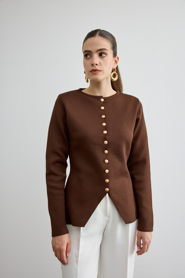 Noi Belden Oturtmalı Triko Hırka Acı Kahve - EMNORA