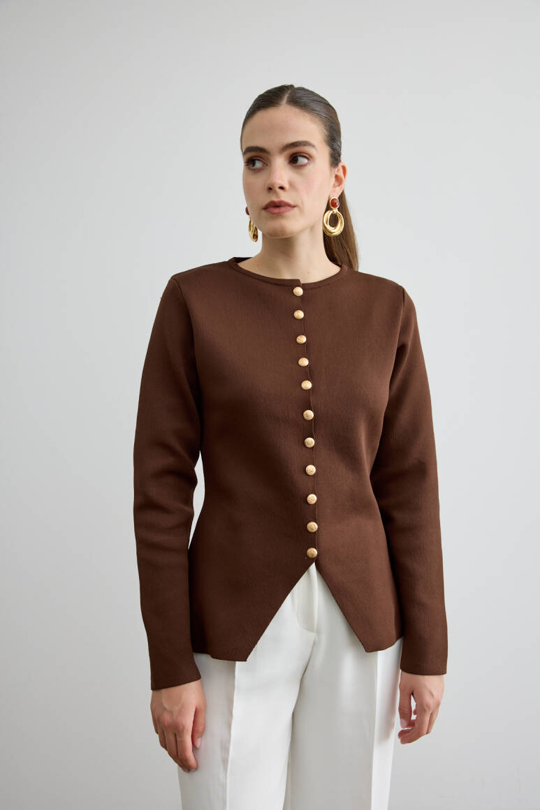 Noi Belden Oturtmalı Triko Hırka Acı Kahve - EMNORA