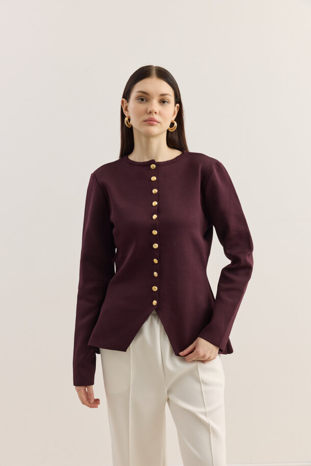 Noi Belden Oturtmalı Triko Hırka Burgonya - EMNORA (1)