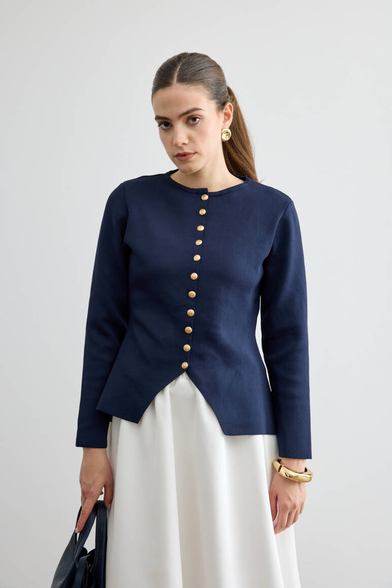 Noi Belden Oturtmalı Triko Hırka Lacivert - 1