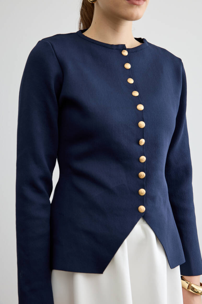 Noi Belden Oturtmalı Triko Hırka Lacivert - 3