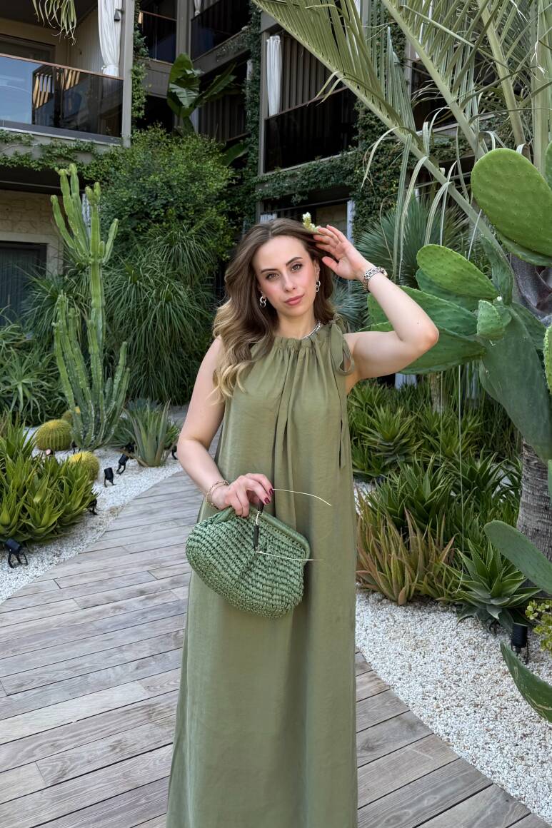 Omuzdan Bağlamalı Elbise Yeşil - EMNORA