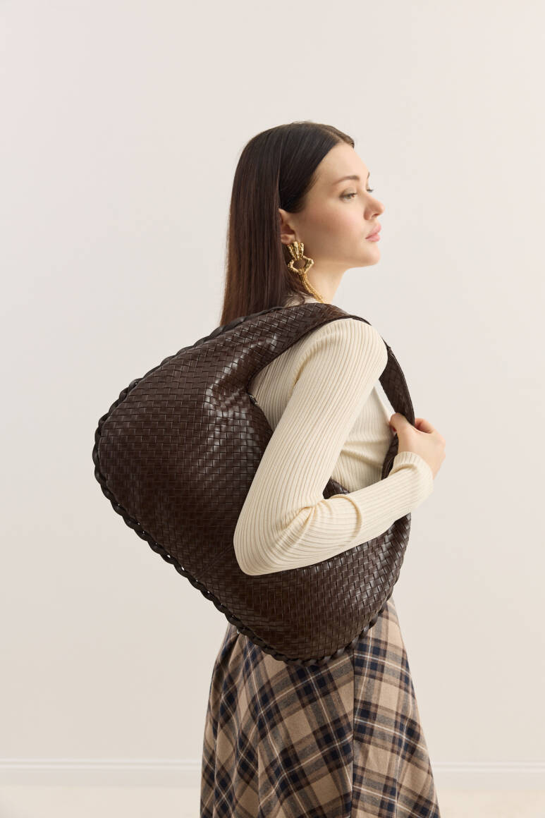 Örgü Dokulu Hobo Çanta Acı Kahve - 1