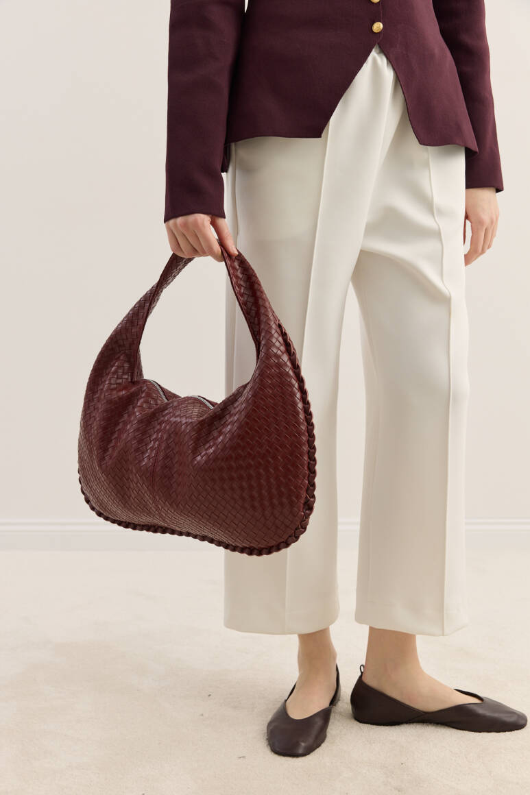 Örgü Dokulu Hobo Çanta Bordo - EMNORA