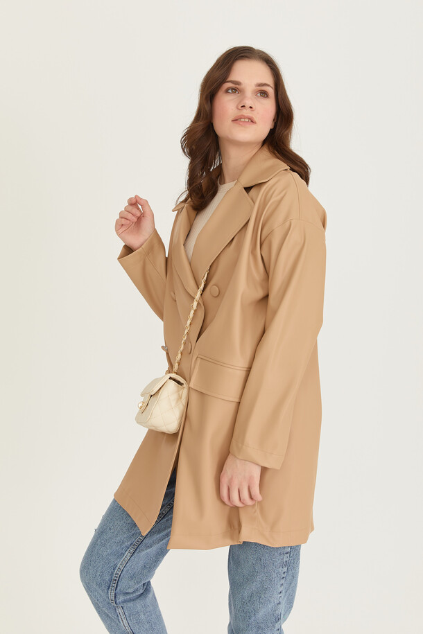 Oversize Deri Blazer Ceket Nude - 4