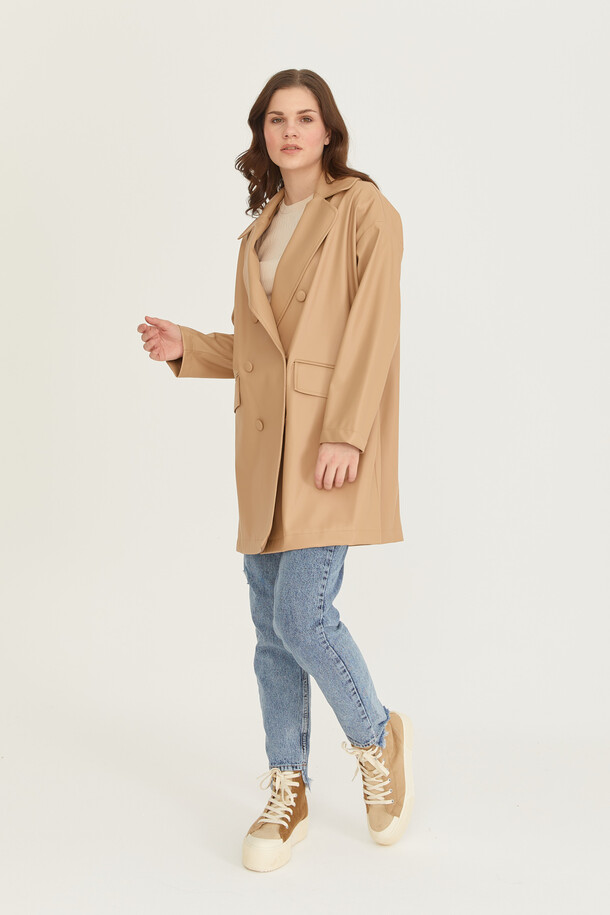 Oversize Deri Blazer Ceket Nude - 7