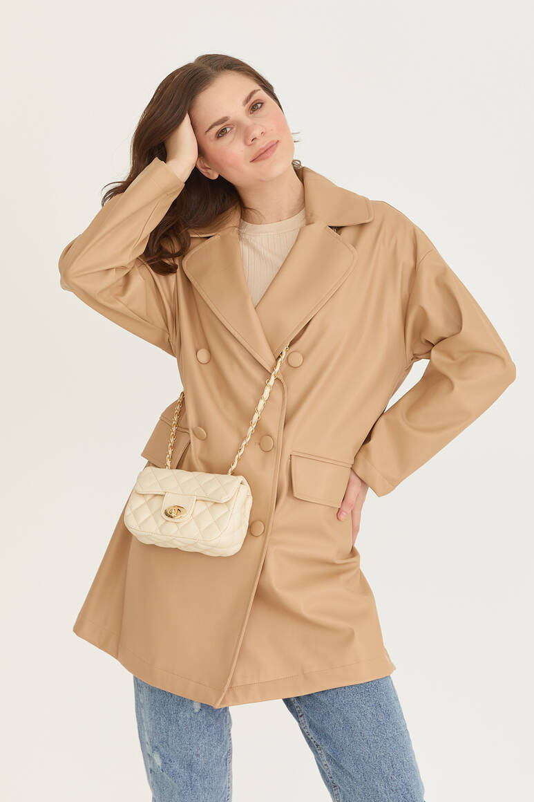 Oversize Deri Blazer Ceket Nude - 2