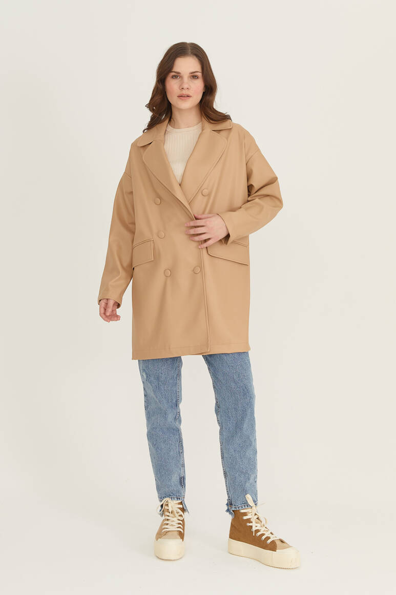 Oversize Deri Blazer Ceket Nude - 13
