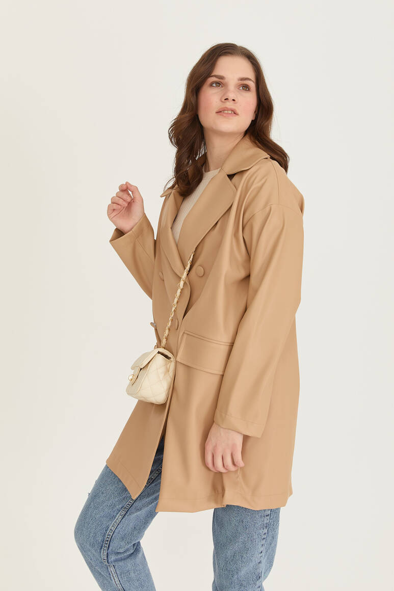 Oversize Deri Blazer Ceket Nude - 14