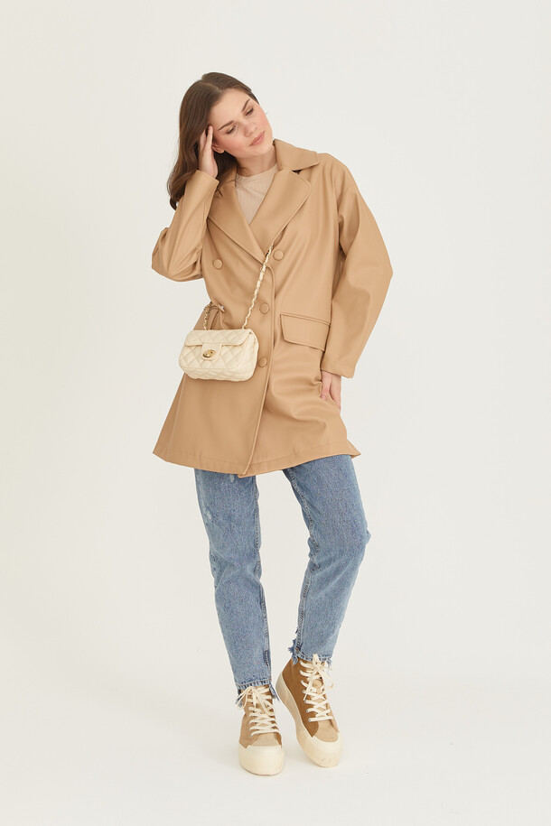 Oversize Deri Blazer Ceket Nude - 10