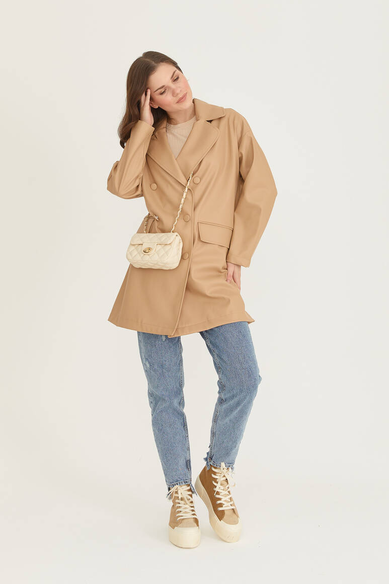 Oversize Deri Blazer Ceket Nude - 10