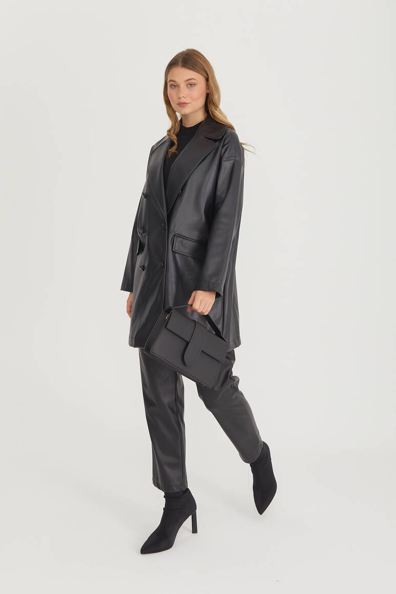 Oversize Deri Blazer Ceket Siyah - 8