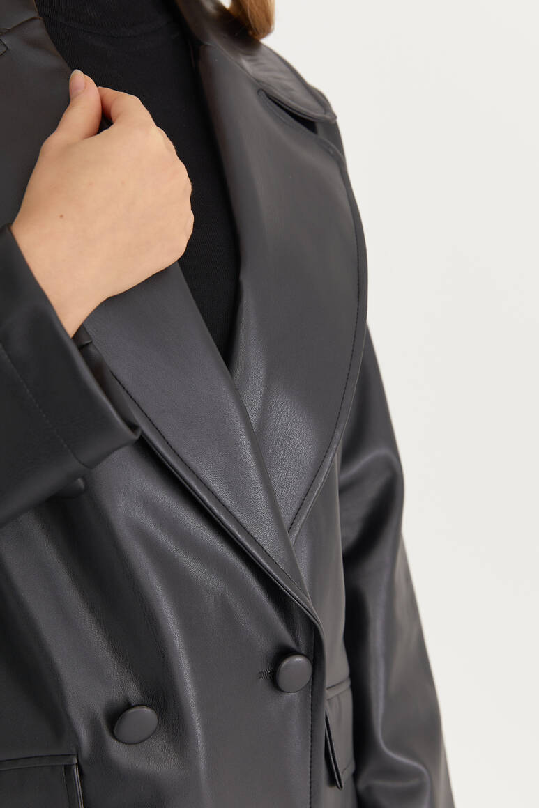 Oversize Deri Blazer Ceket Siyah - 7