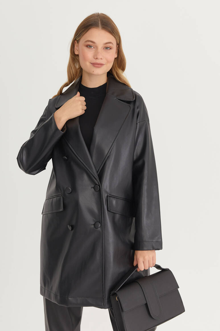 Oversize Deri Blazer Ceket Siyah - 5