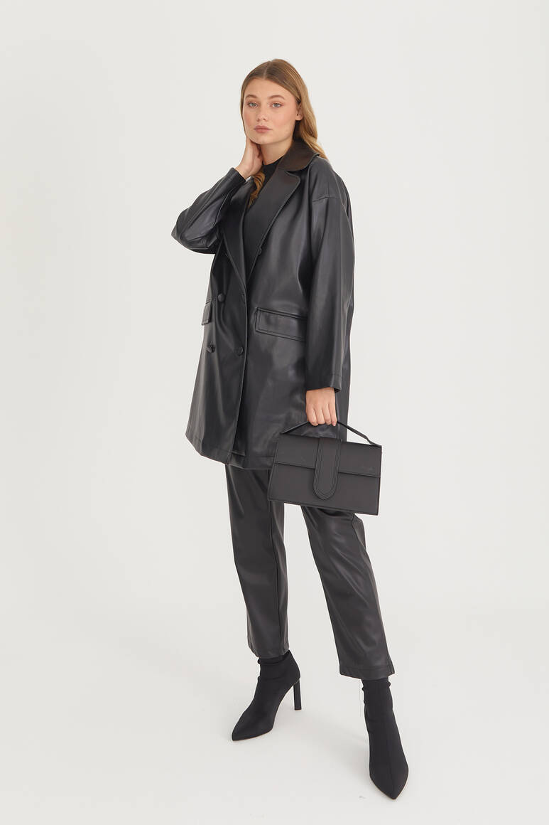 Oversize Deri Blazer Ceket Siyah - 2