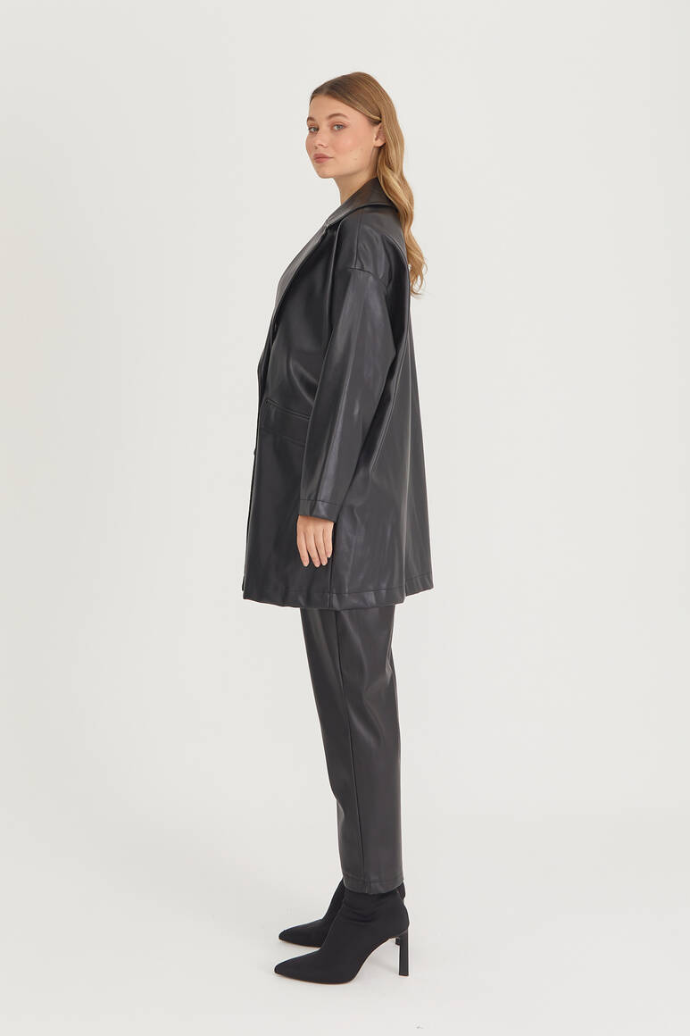 Oversize Deri Blazer Ceket Siyah - 4