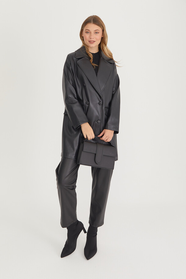 Oversize Deri Blazer Ceket Siyah - 1