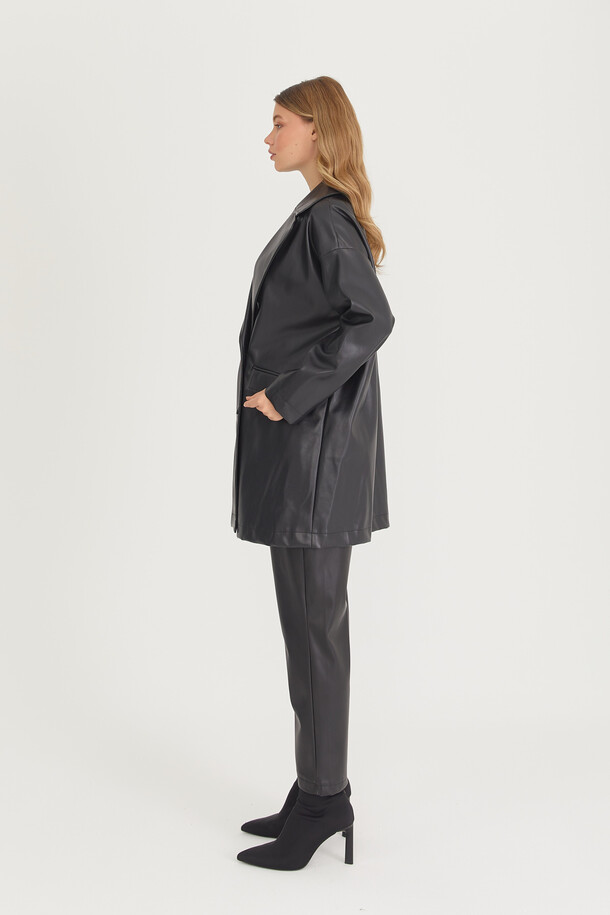 Oversize Deri Blazer Ceket Siyah - 13