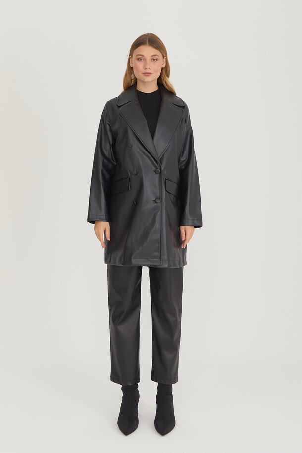 Oversize Deri Blazer Ceket Siyah - 22