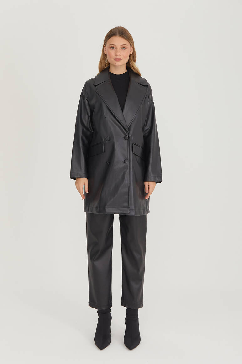 Oversize Deri Blazer Ceket Siyah - 22
