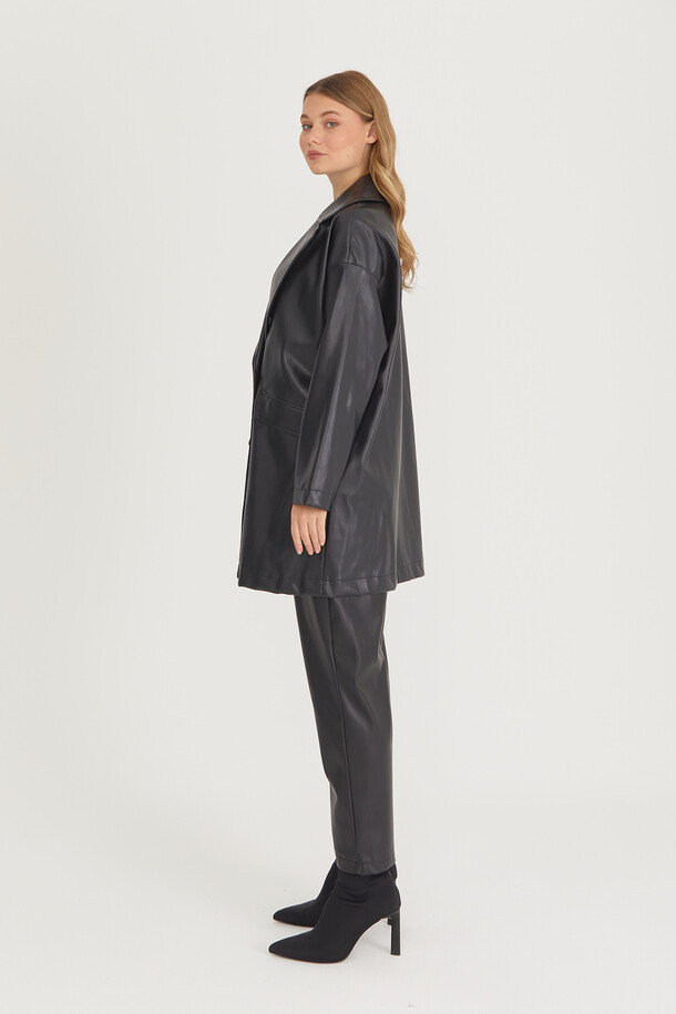 Oversize Deri Blazer Ceket Siyah - 21