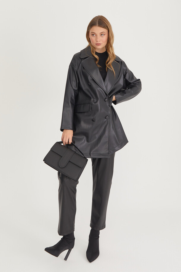 Oversize Deri Blazer Ceket Siyah - 20