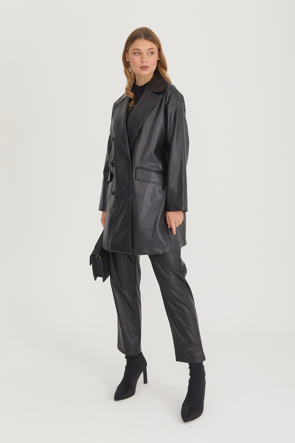 Oversize Deri Blazer Ceket Siyah - 19