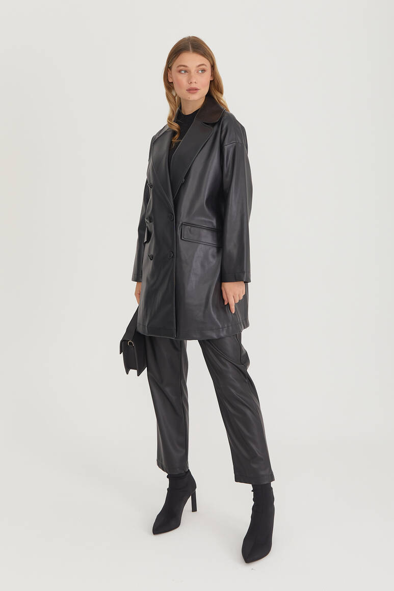 Oversize Deri Blazer Ceket Siyah - 19