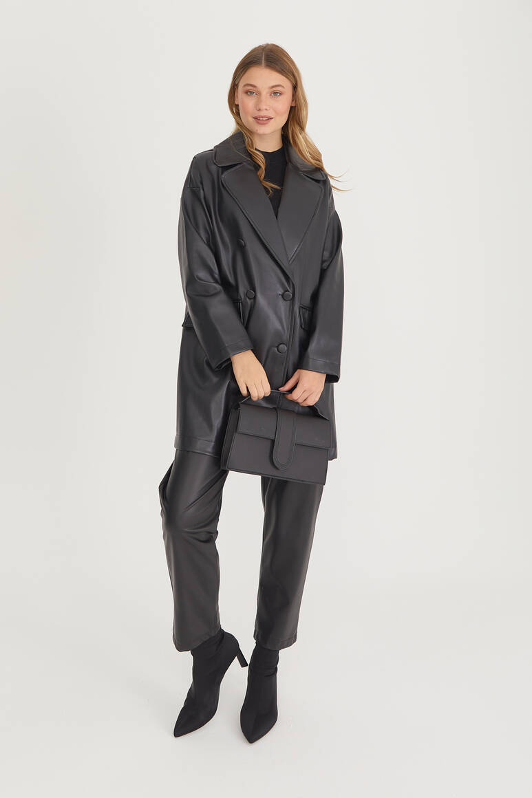 Oversize Deri Blazer Ceket Siyah - 17