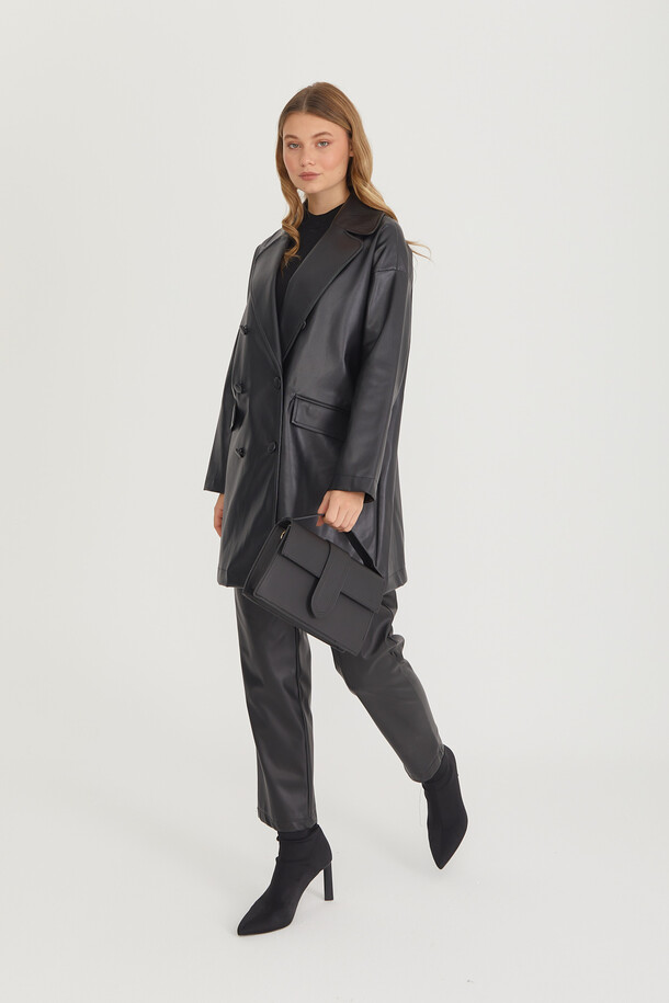 Oversize Deri Blazer Ceket Siyah - 16