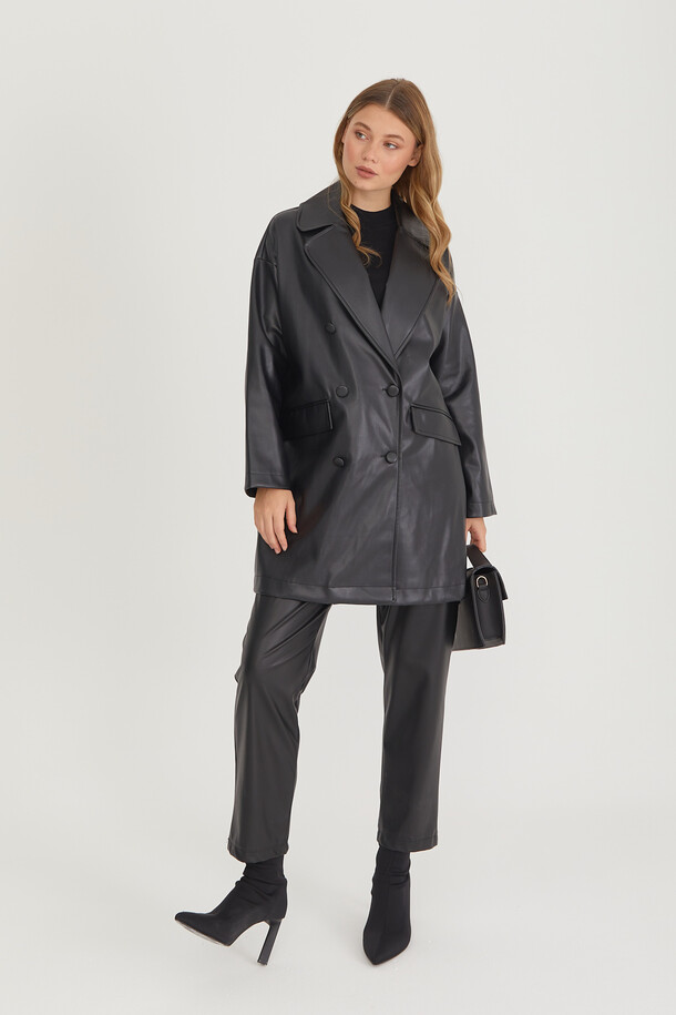 Oversize Deri Blazer Ceket Siyah - 15