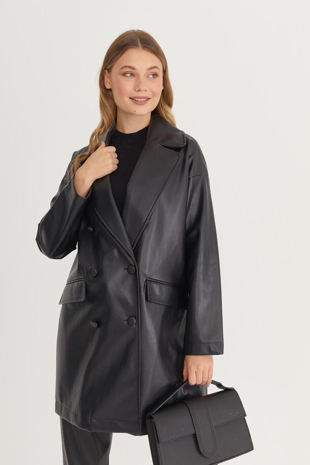 Oversize Deri Blazer Ceket Siyah - 14