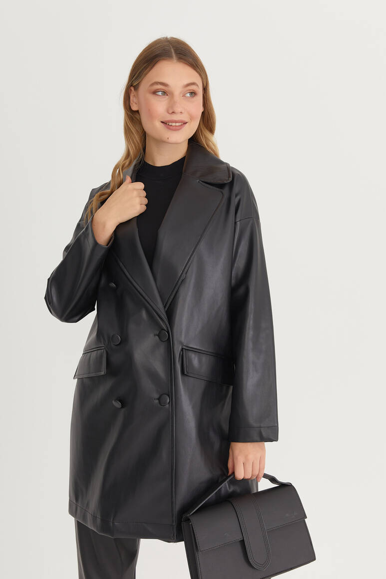 Oversize Deri Blazer Ceket Siyah - 14