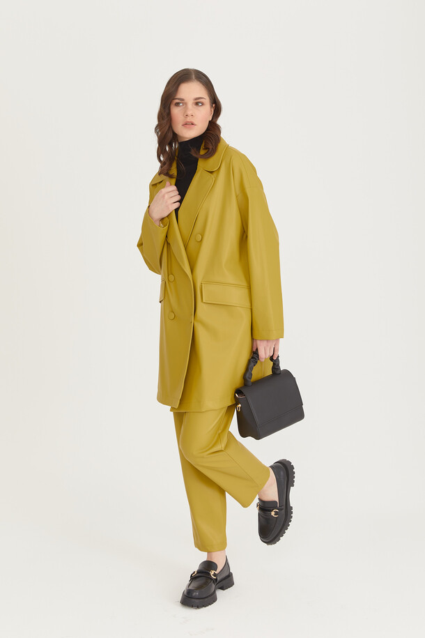Oversize Deri Blazer Ceket Yağ Yeşili - 3