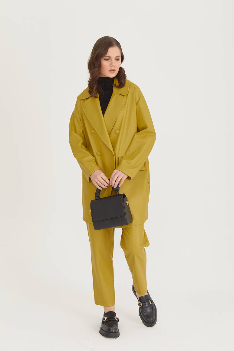 Oversize Deri Blazer Ceket Yağ Yeşili - 13