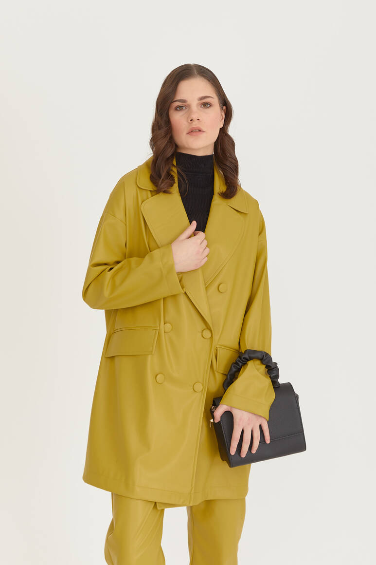 Oversize Deri Blazer Ceket Yağ Yeşili - 9