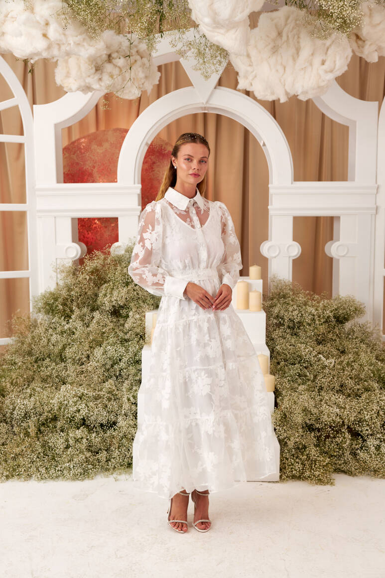 Özel Tasarım Kabartma Dokulu Organze Abiye Elbise Beyaz - 4