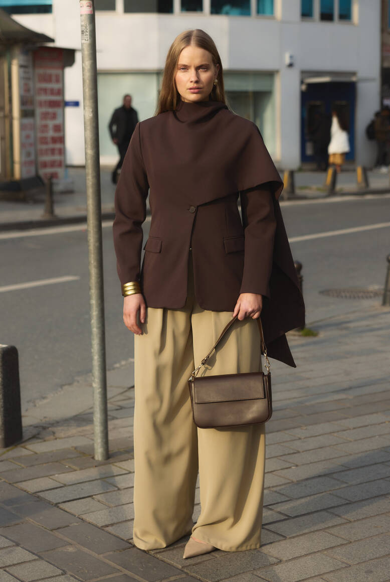 Pelerin Detaylı Blazer Ceket Acı Kahve - 5