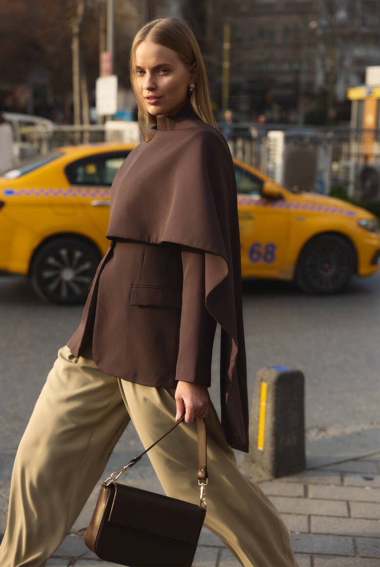 Pelerin Detaylı Blazer Ceket Acı Kahve - 8