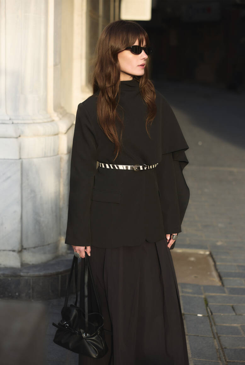 Pelerin Detaylı Blazer Ceket Siyah - 7