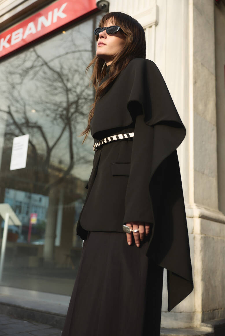 Pelerin Detaylı Blazer Ceket Siyah - 3