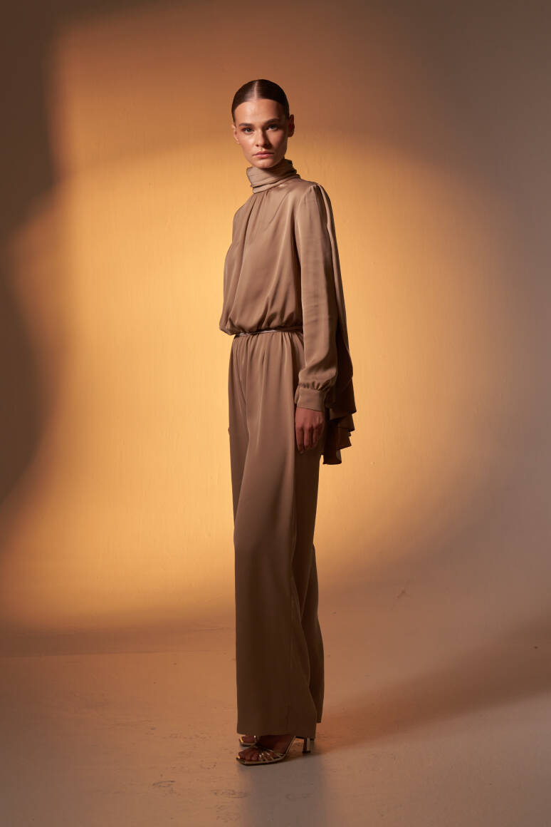 Pelerinli Saten Abiye Tulum Vizon - EMNORA