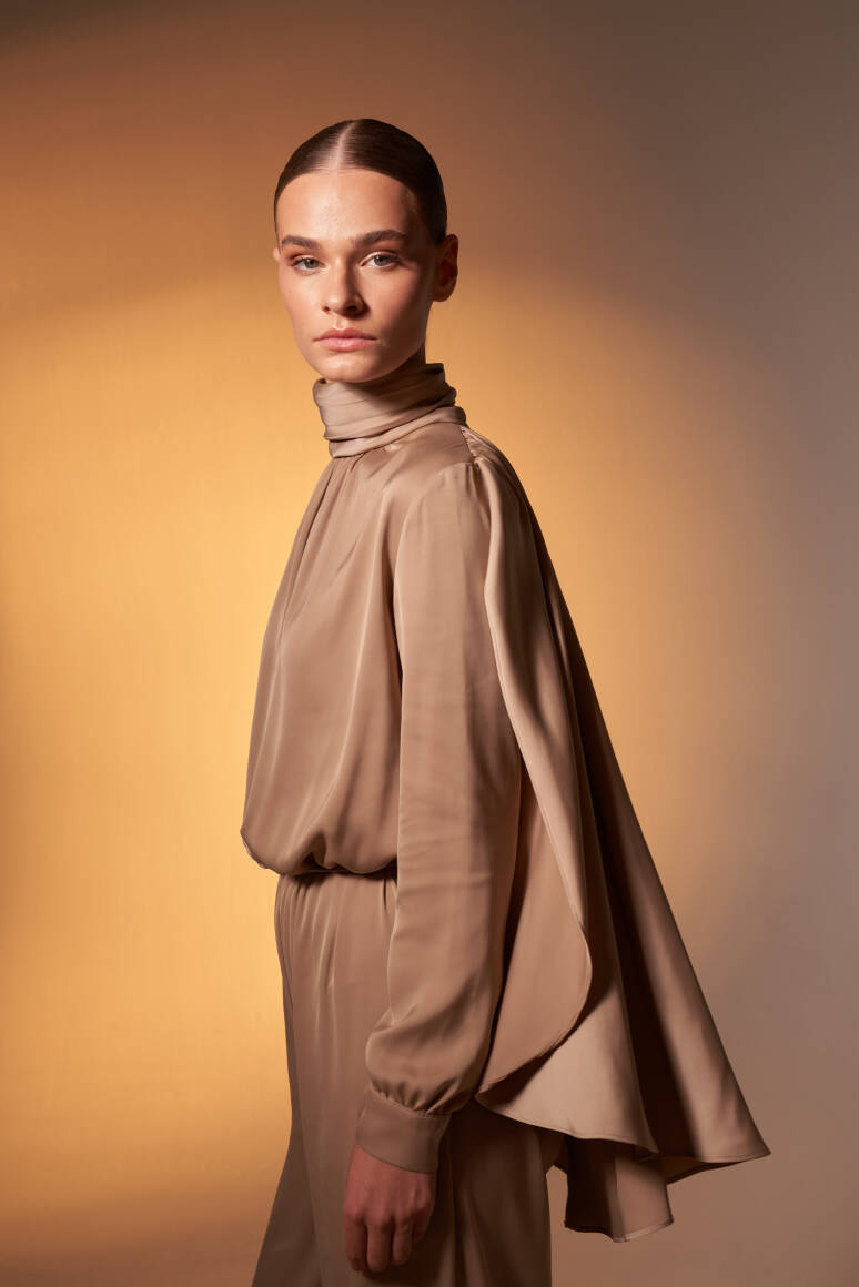 Pelerinli Saten Abiye Tulum Vizon - 9