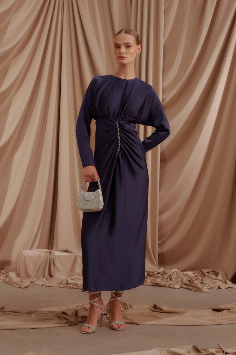 Perla Taşlı Saten Abiye Elbise Lacivert - EMNORA