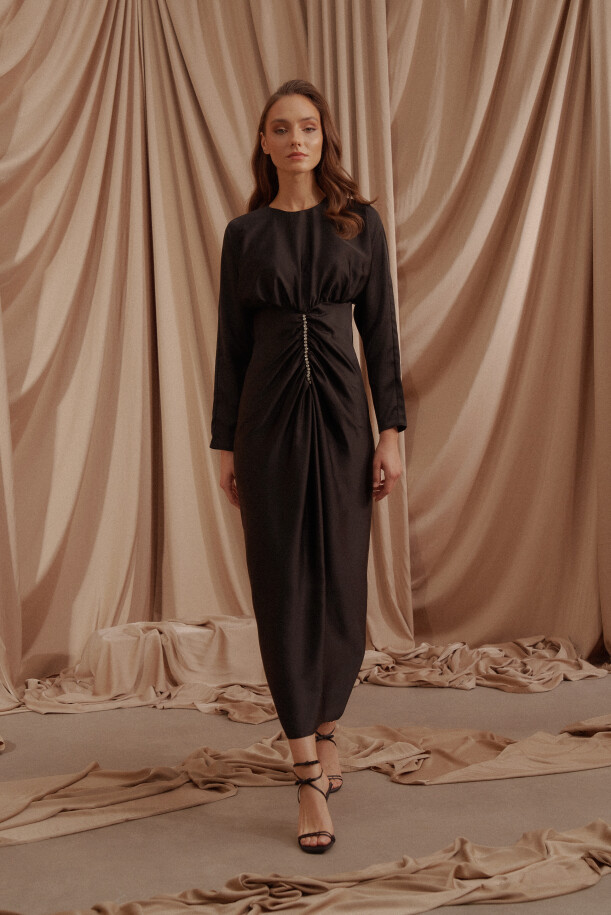 Perla Taşlı Saten Abiye Elbise Siyah - EMNORA